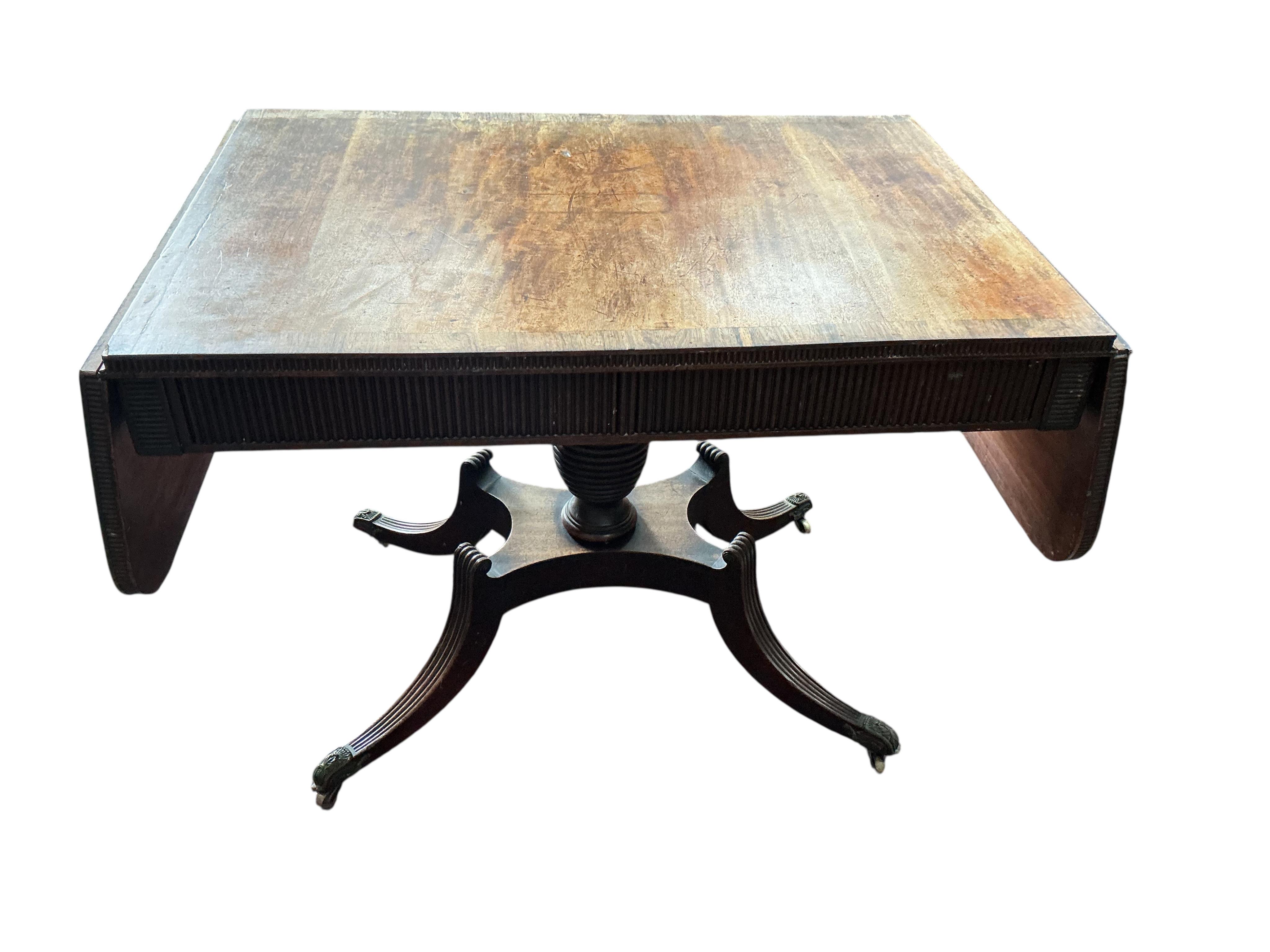 A Regency banded mahogany sofa table, width 102cm, depth 69cm, height 75cm